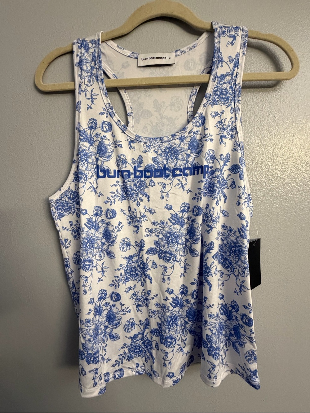 Burn Boot Camp Women's White & Blue Floral Racerback Tank